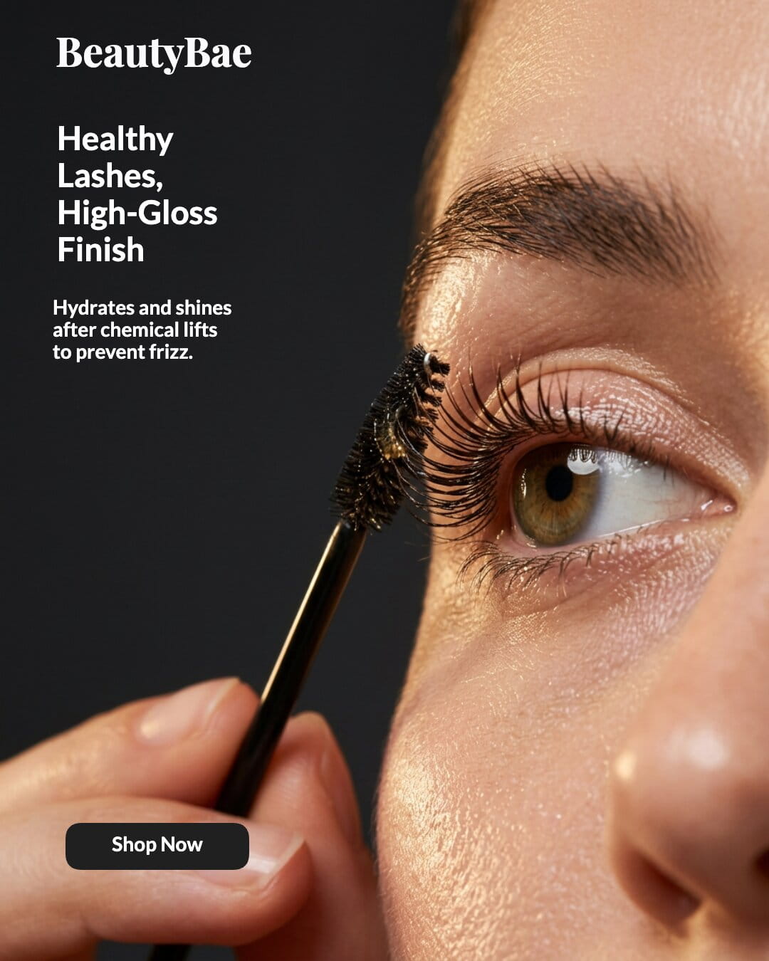 Dark lash-aftercare ad showing serum brushed onto lifted lashes.