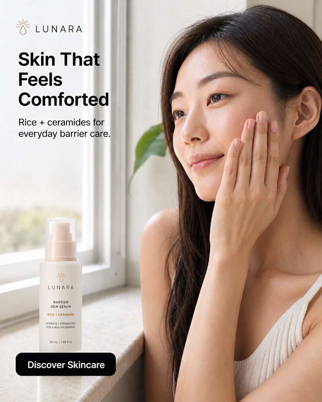 Gentle skincare ad showing barrier-support serum in use.