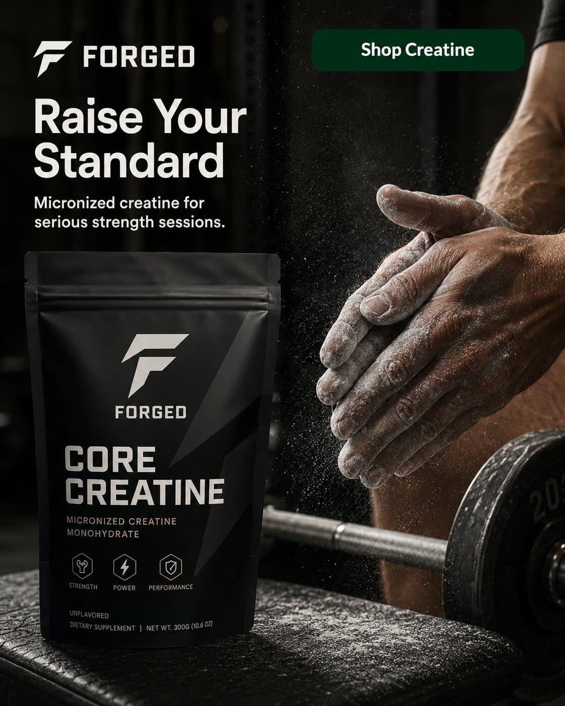 Dark creatine product ad built around serious strength work.