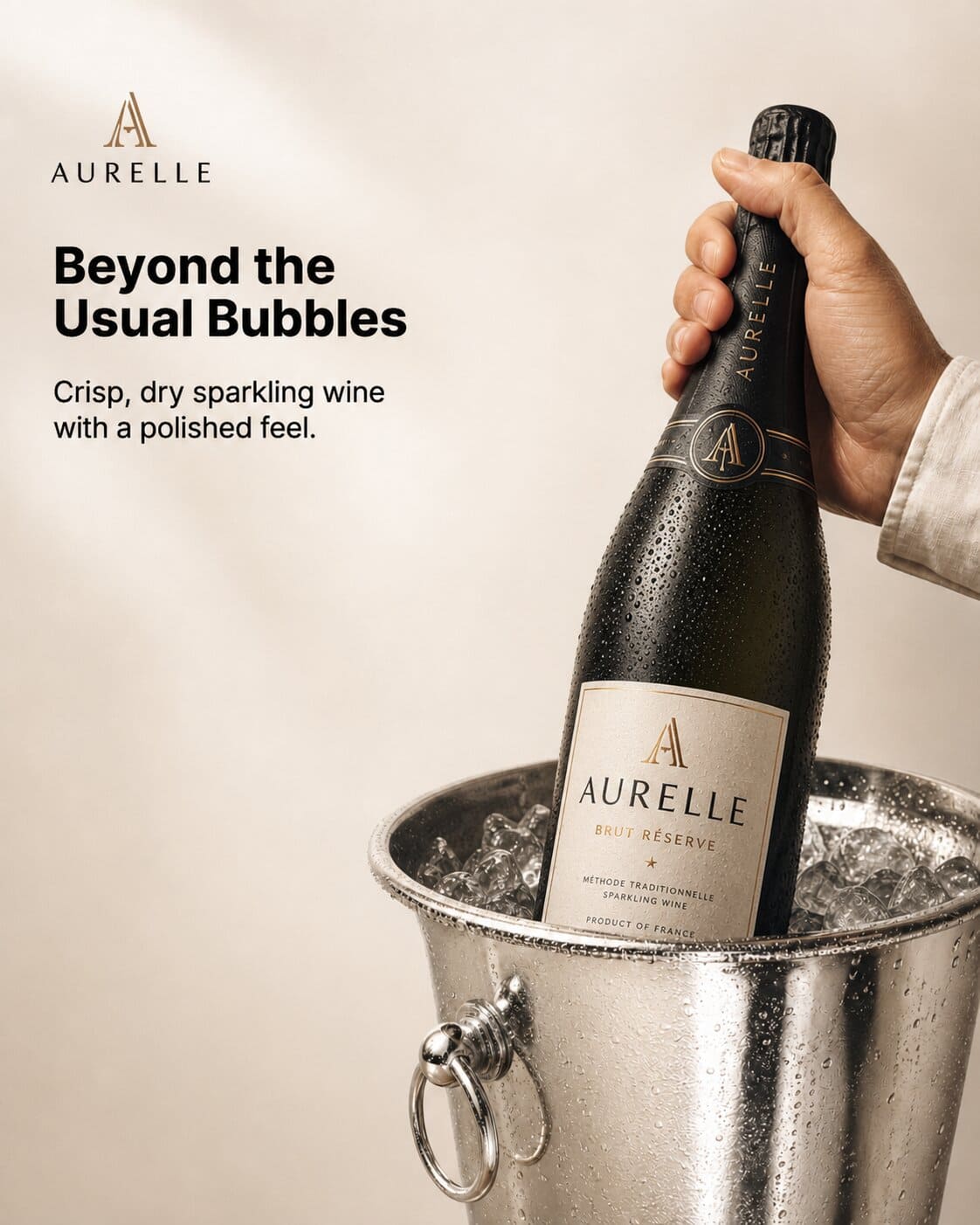 Bright sparkling-wine ad showing a chilled bottle on ice.